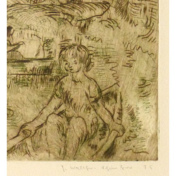 Vintage Aquatint Etching by Julla Walther Golden Pond - signature detail - 9153m