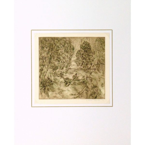 Vintage Aquatint Etching by Julla Walther Golden Pond - matted - 9153m