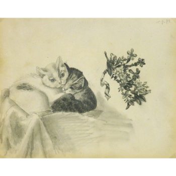 Antique Pencil Drawing Kitten - matted - 9190m