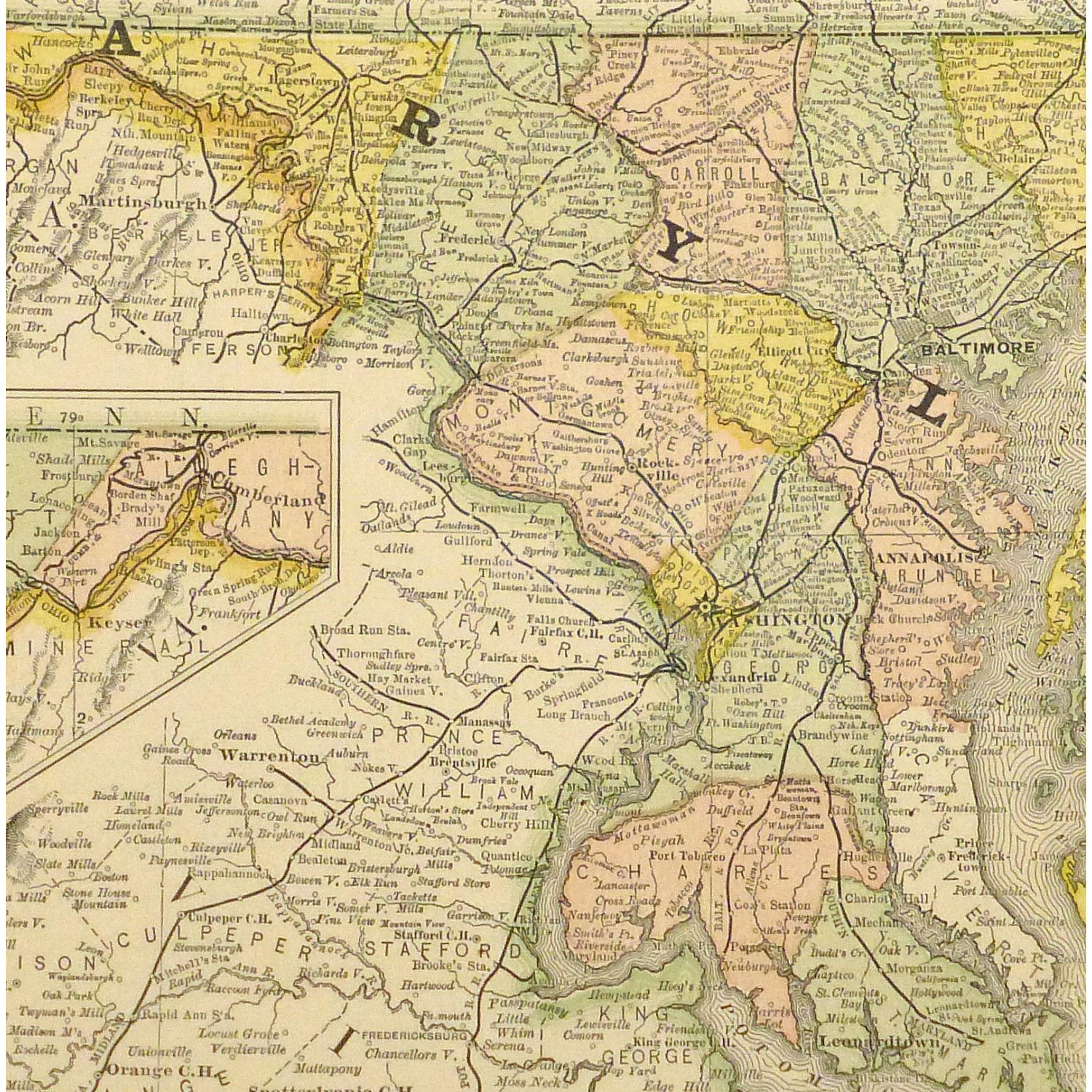 Original Antique Map of Maryland and Delaware - detail - 9227m Original Antique Map of Maryland and Delaware - detail - 9227m