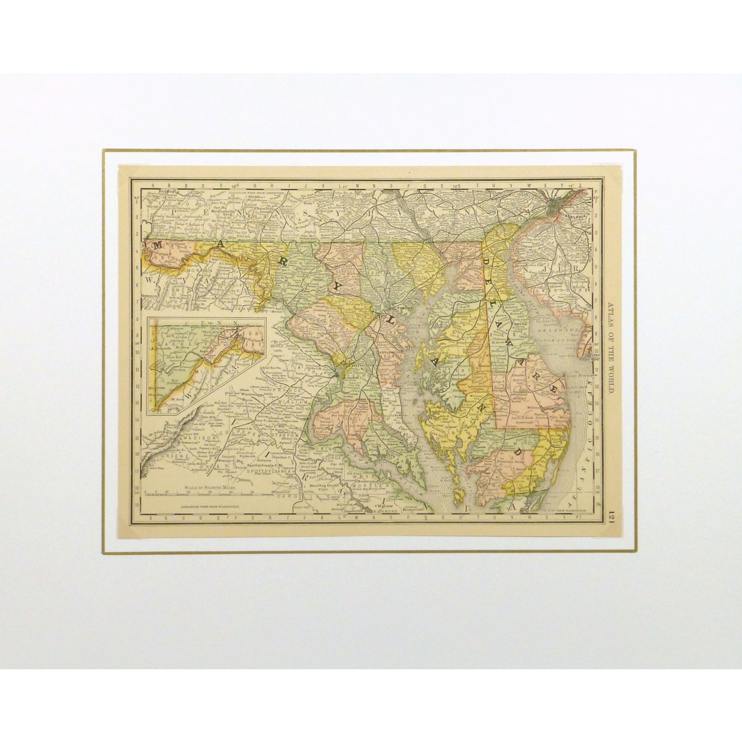 Original Antique Map of Maryland and Delaware - matted - 9227m Original Antique Map of Maryland and Delaware - matted - 9227m