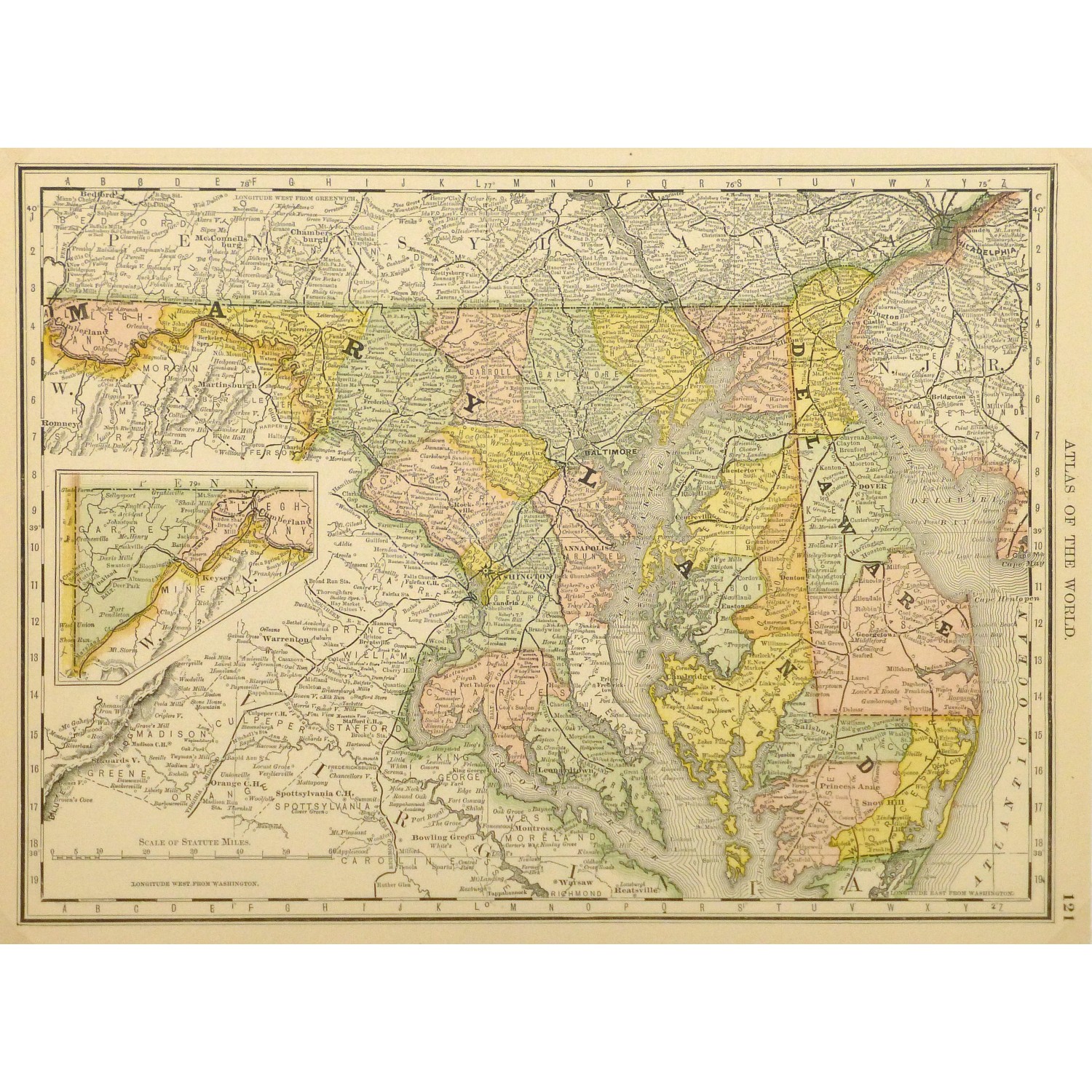 Original Antique Map of Maryland and Delaware 9227m Original Antique Map of Maryland and Delaware 9227m