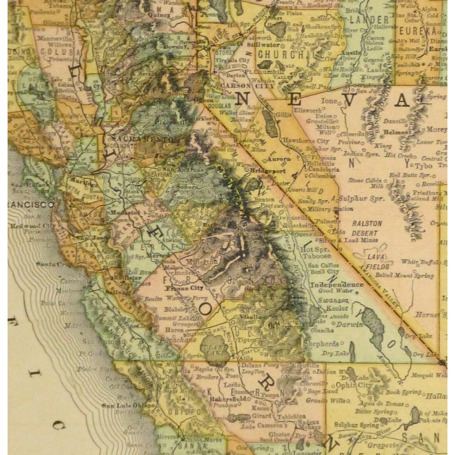 Original Antique Map California and Nevada - detail - 9228m Original Antique Map California and Nevada - detail - 9228m