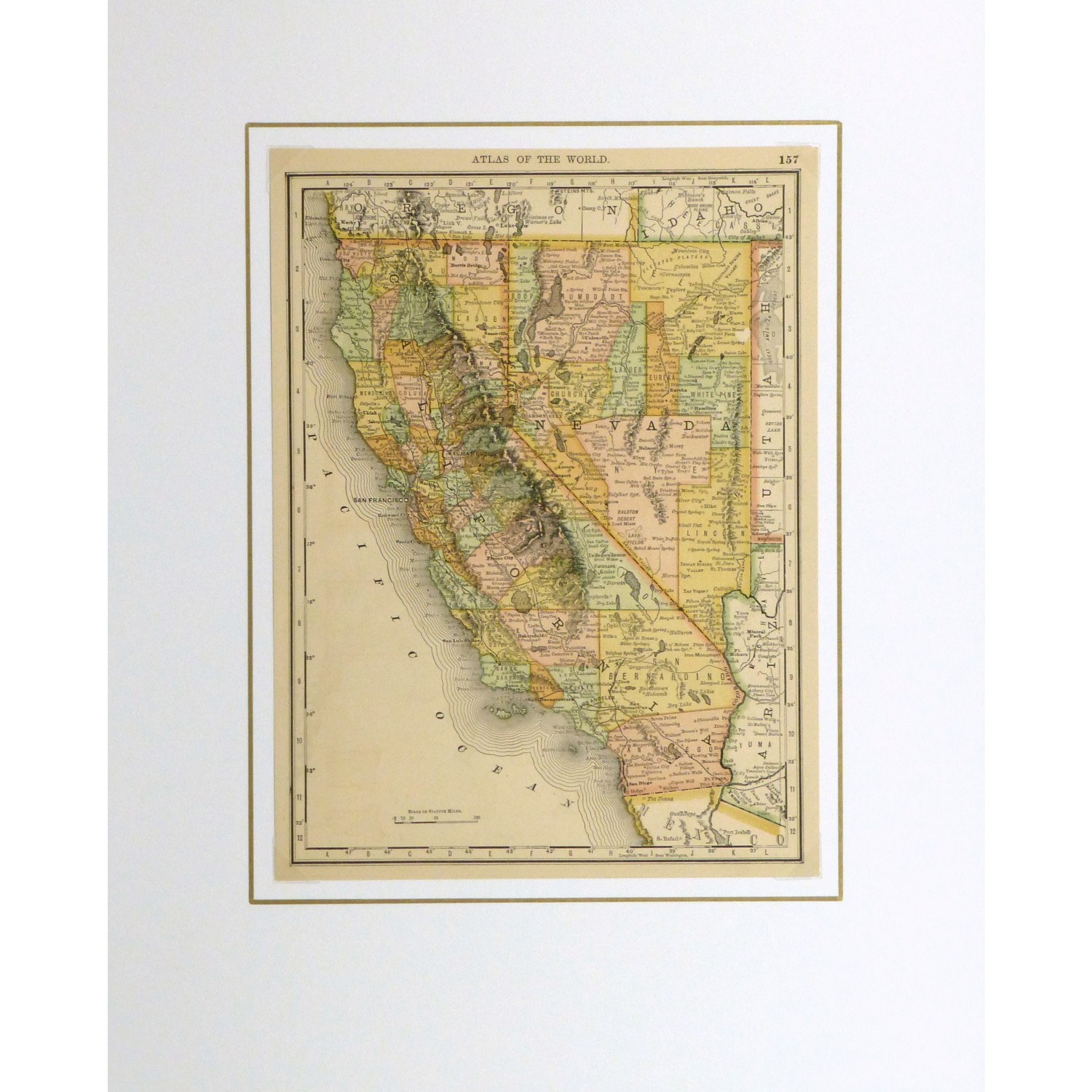 Original Antique Map California and Nevada - matted - 9228m Original Antique Map California and Nevada - matted - 9228m
