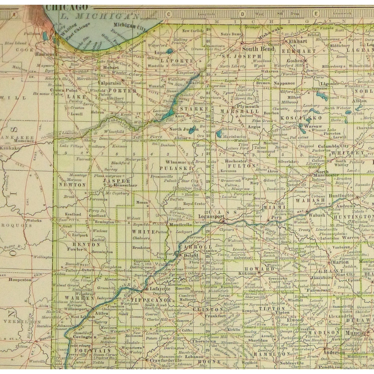 Original Antique Map Indiana - detail - 9235m Original Antique Map Indiana - detail - 9235m