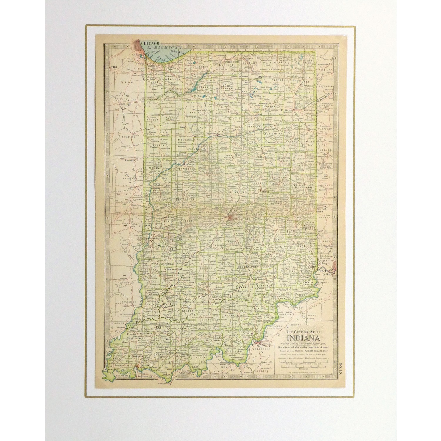 Original Antique Map Indiana - matted - 9235m Original Antique Map Indiana - matted - 9235m