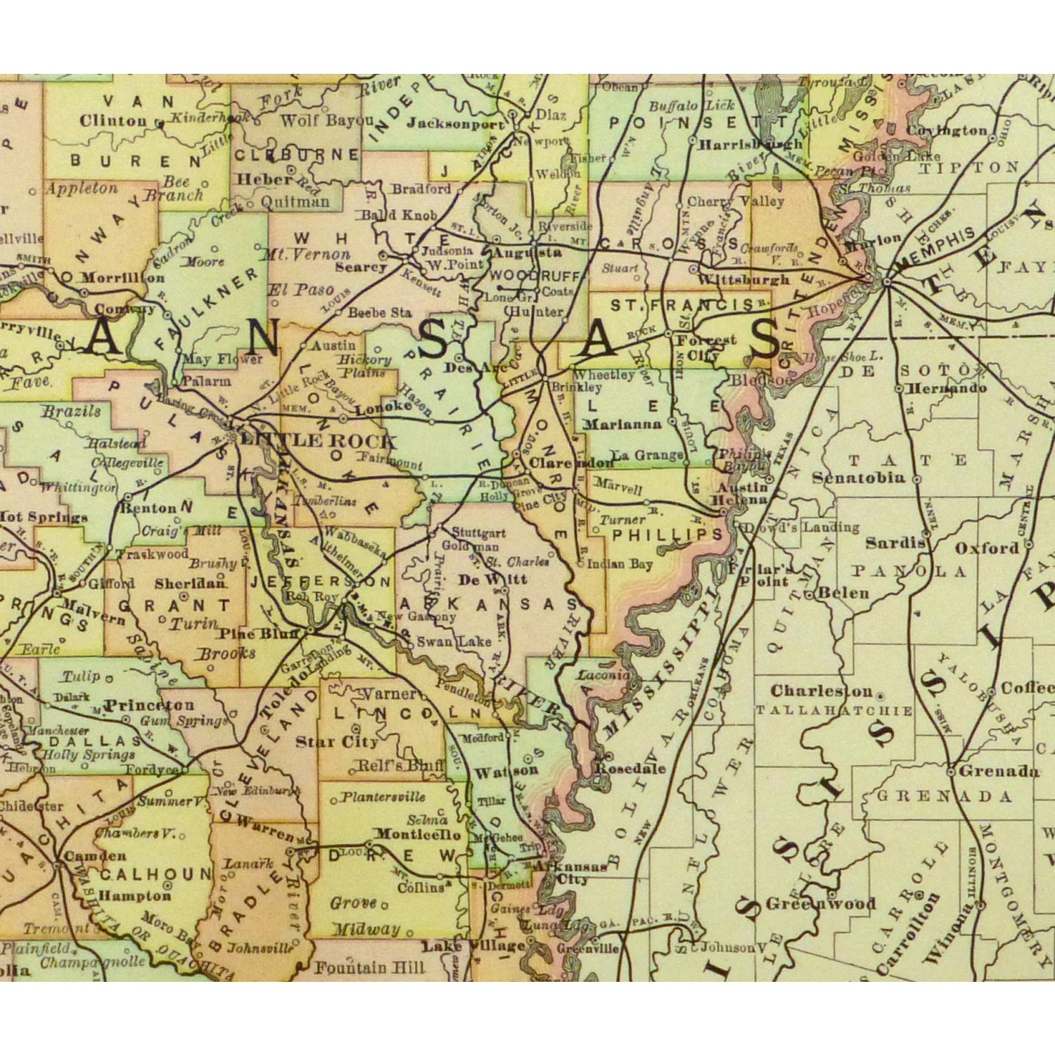 Original Antique Map Arkansas - detail - 9240m Original Antique Map Arkansas - detail - 9240m