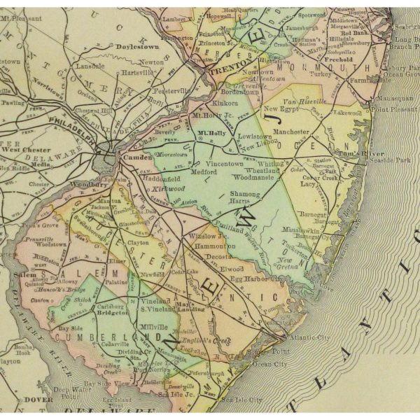 Original Antique Map New Jersey , 1891 - detail - 9257m