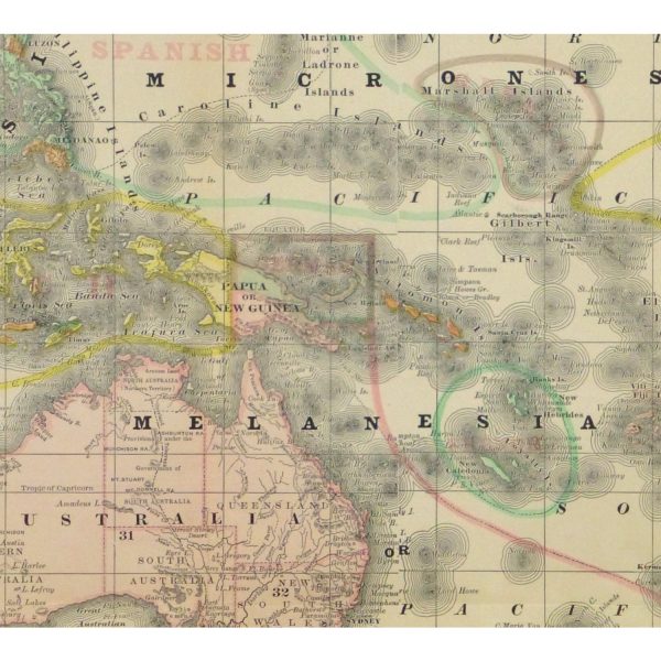 Original Antique Map Australia Micronesia Polynesia - detail - 9258m