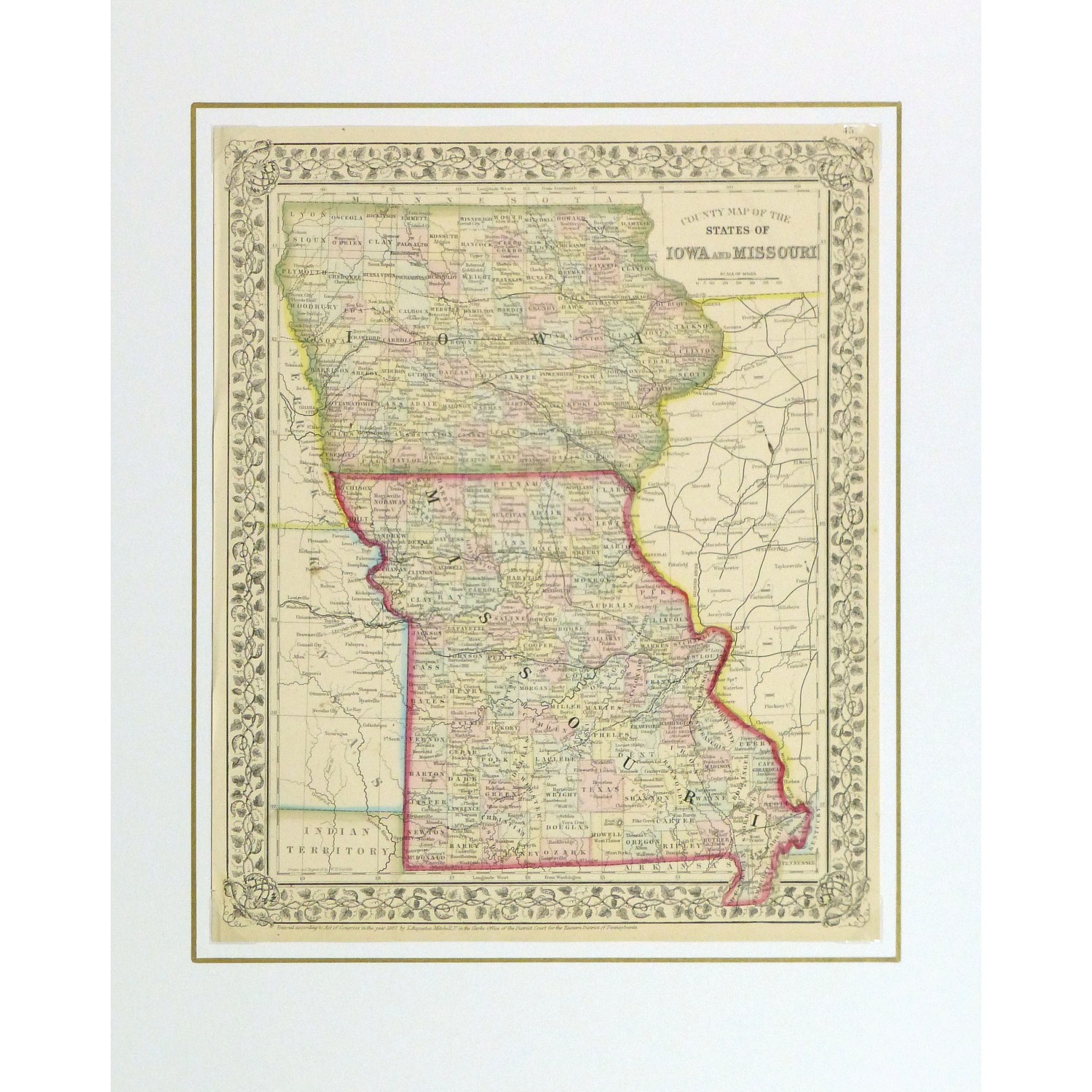 Original Antique Map Iowa and Missouri - matted - 9264m Original Antique Map Iowa and Missouri - matted - 9264m