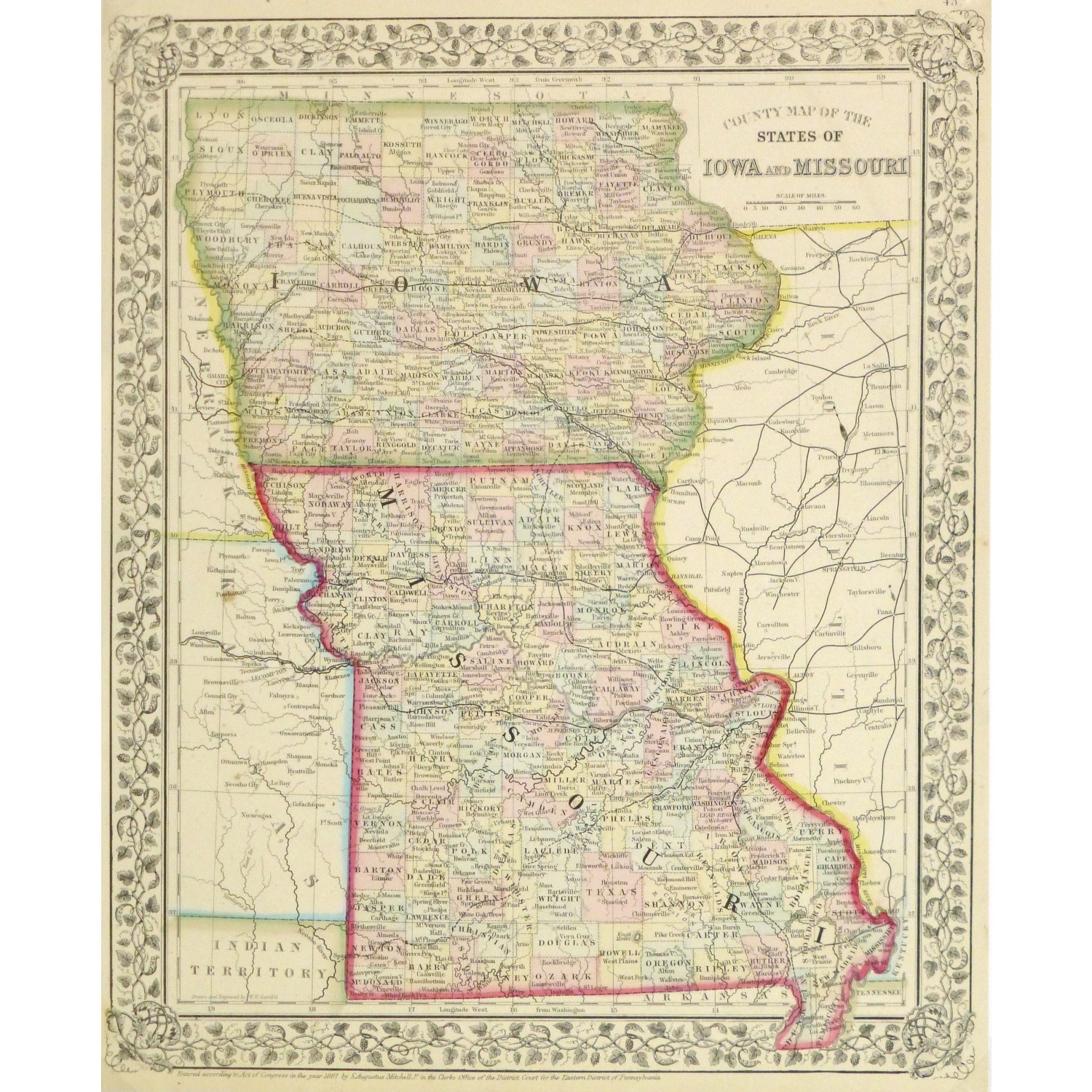 Original Antique Map Iowa and Missouri 9264m Original Antique Map Iowa and Missouri 9264m