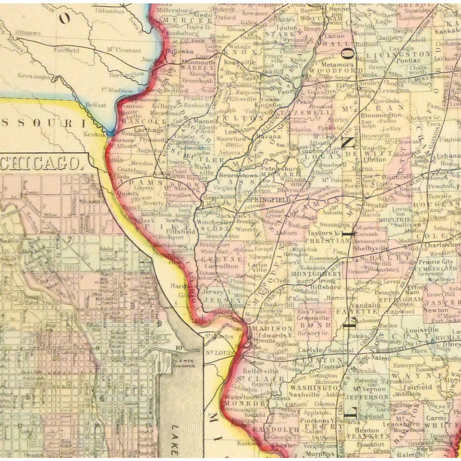Original Antique Map Illinois - detail - 9269m Original Antique Map Illinois - detail - 9269m