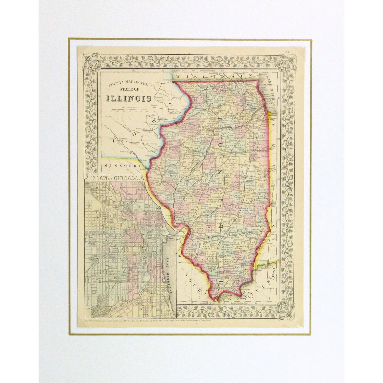 Original Antique Map Illinois - matted - 9269m Original Antique Map Illinois - matted - 9269m