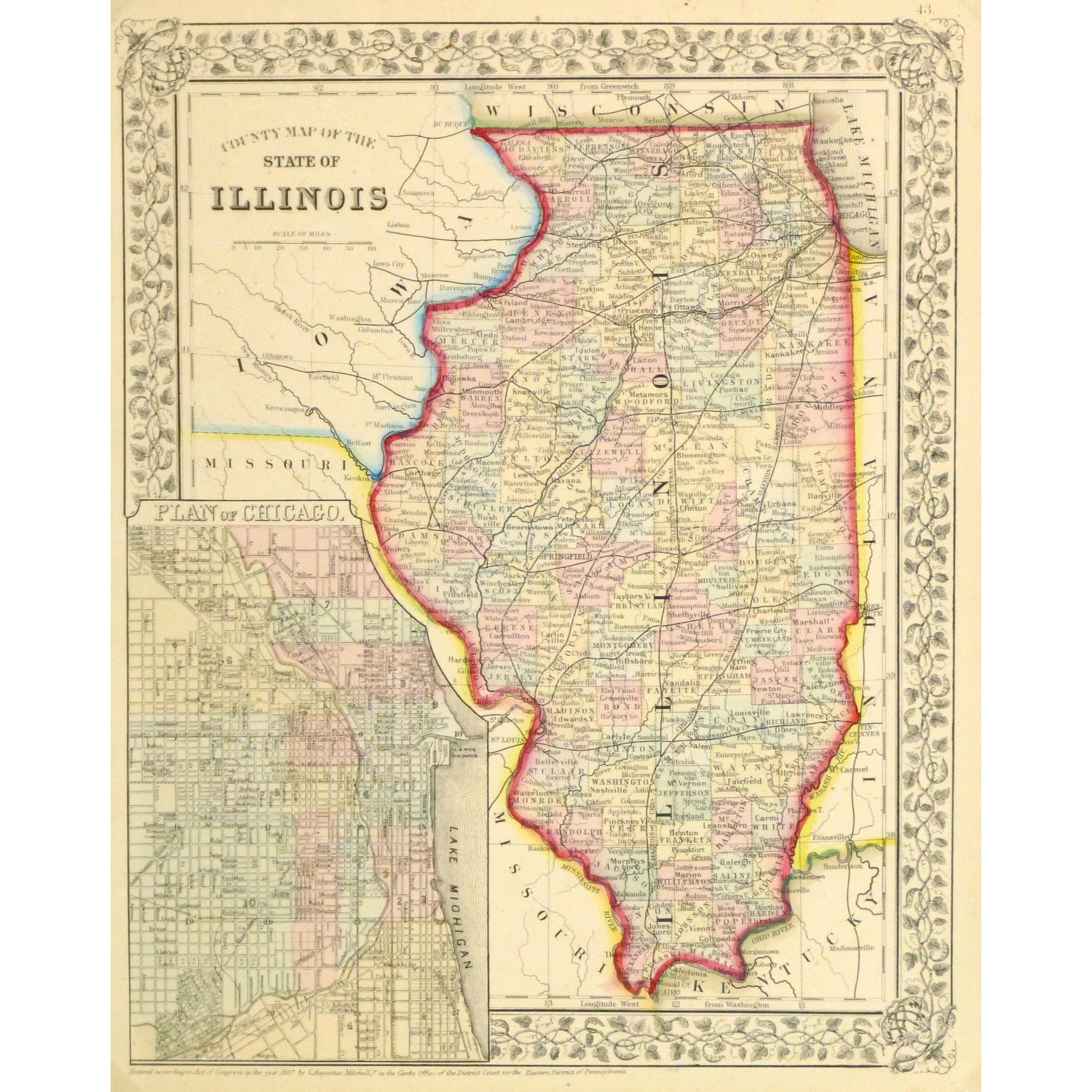 Original Antique Map Illinois 9269m Original Antique Map Illinois 9269m