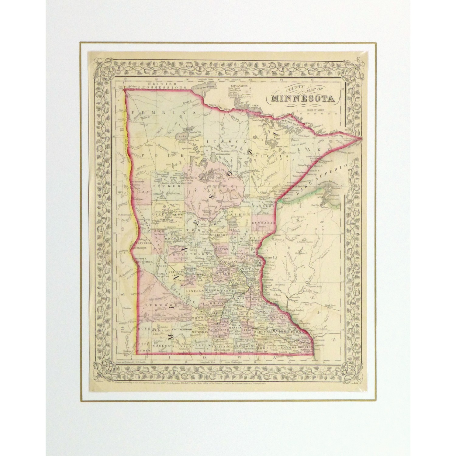 Original Antique Map of Minnesota by Mitchell - matted - 9270m Original Antique Map of Minnesota by Mitchell - matted - 9270m