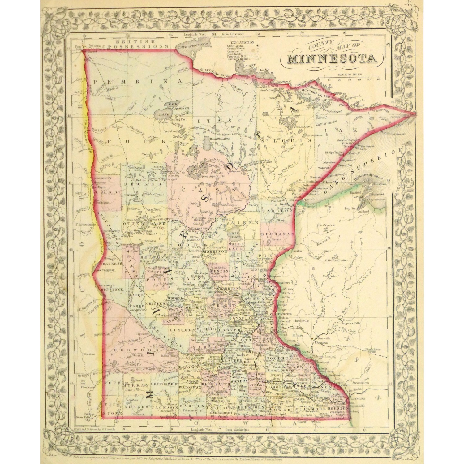Original Antique Map of Minnesota by Mitchell 9270m Original Antique Map of Minnesota by Mitchell 9270m