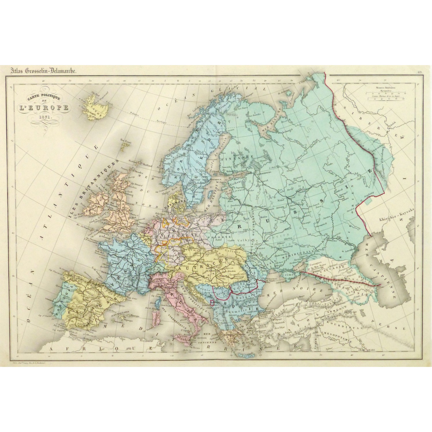 Original Antique Map Europe 1871 9428m Original Antique Map Europe 1871 9428m
