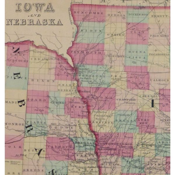 Original Antique Map Iowa and Nebraska - detail - 9429m