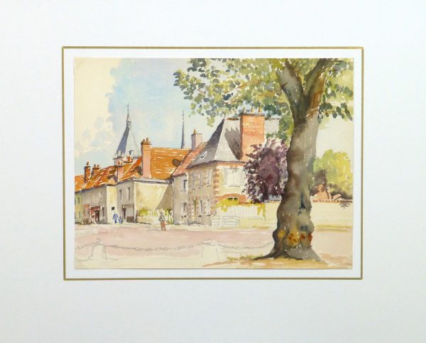 Watercolor Landscape - French Country Village - matted-10105M