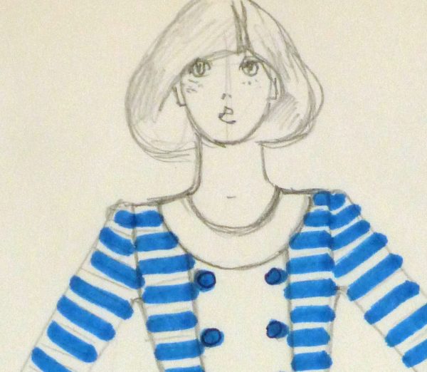Ink & pencil Fashion Sketch - Blue Button - detail -10109M