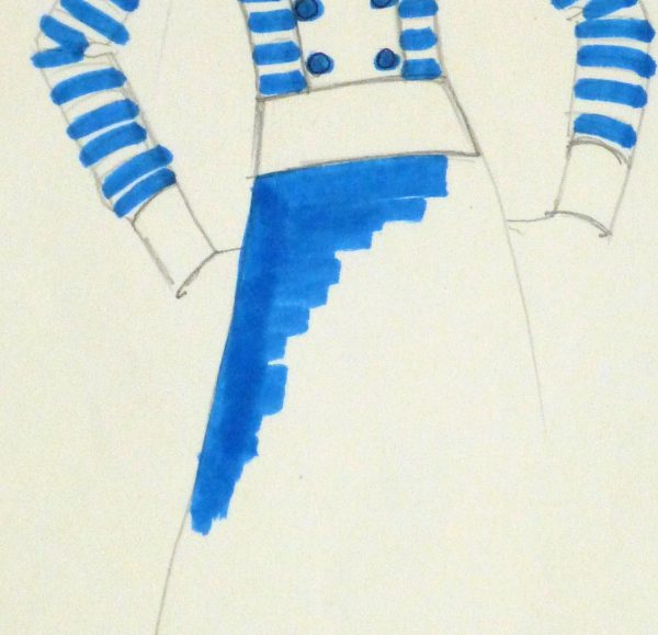 Ink & pencil Fashion Sketch - Blue Button - detail 2 -10109M