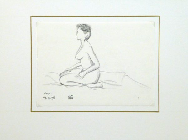 Charcoal Drawing - Kneeling Female Nude II-matted-10158M