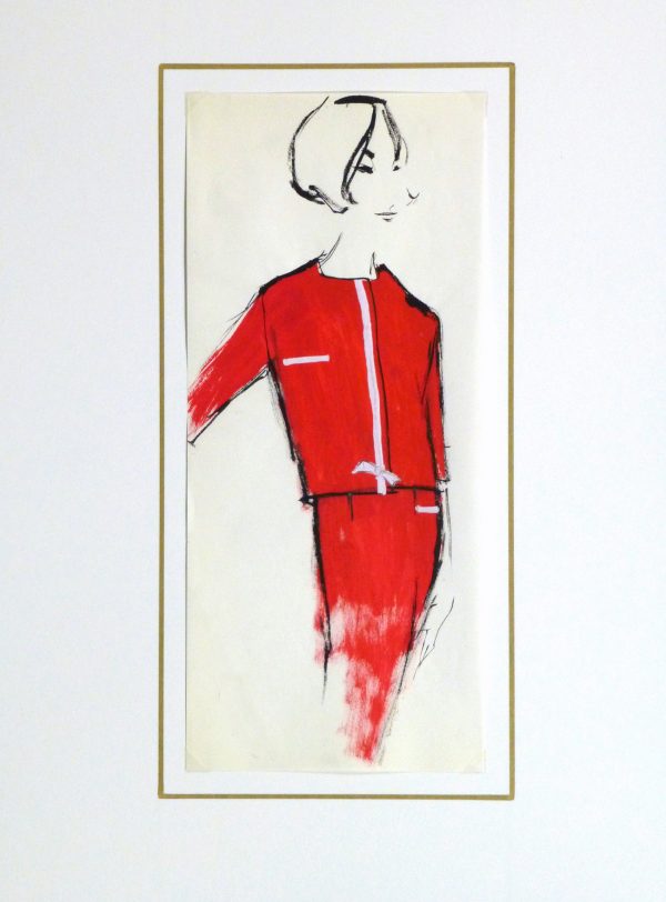 Gouache Fashion Sketch- Balmain Red Dress Suit-matted-10191M