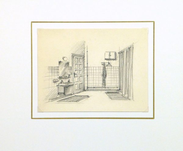 Pencil Drawing - Bathroom Interior, circa 1950-matted-10358M