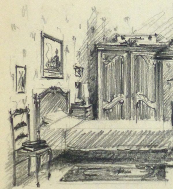 Pencil Drawing - Bedroom Interior, circa 1950-detail 2-10359M