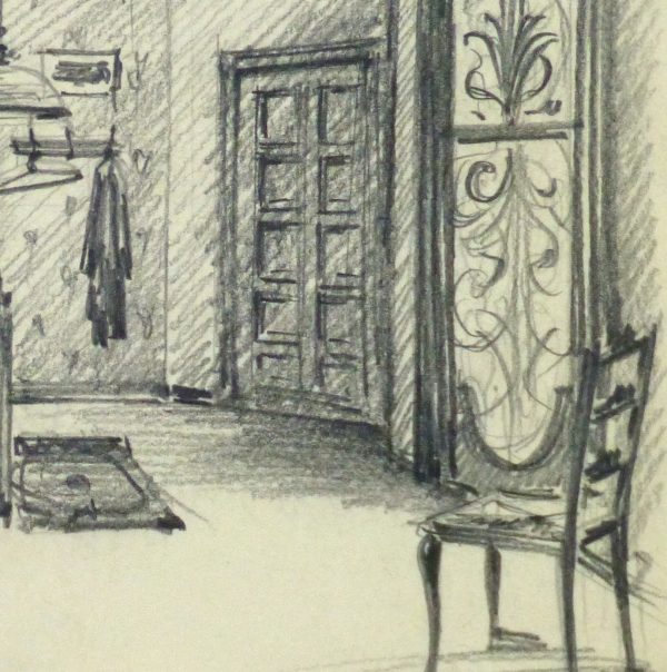 Pencil Drawing - Bedroom Interior, circa 1950-detail-10359M