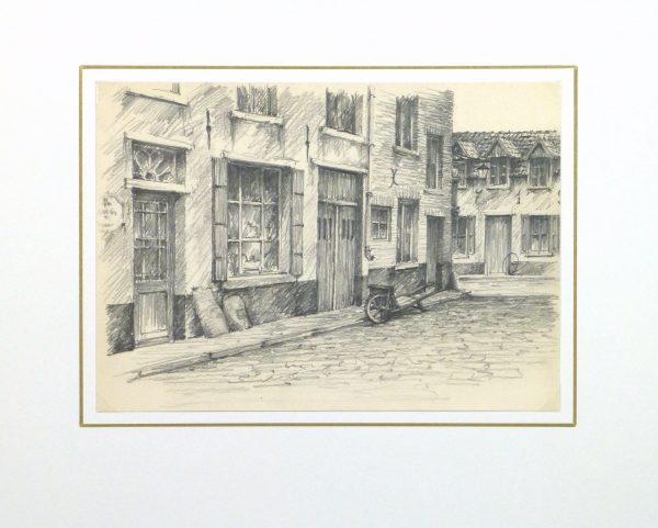 Pencil Drawing - City Shops, circa 1950-matted-10363M