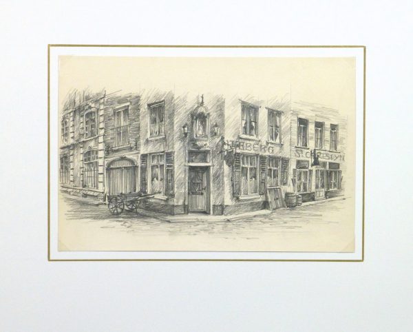 Pencil Drawing - Street Corner, circa 1950-matted-10365M