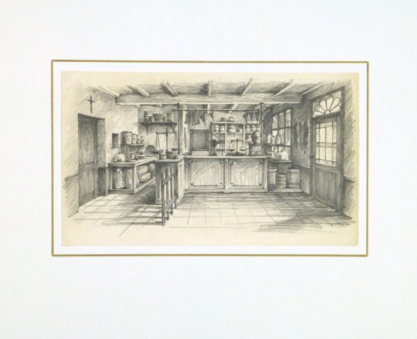 Pencil Drawing - Country Store, circa 1950-matted-10367M