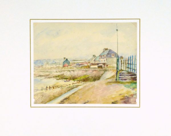 Watercolor Landscape - Beachside Town, Circa 1930-matted-8894K