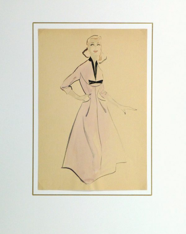 Gouache & Ink Fashion Sketch - Lavender Dress, Circa 1955-matted-10467M