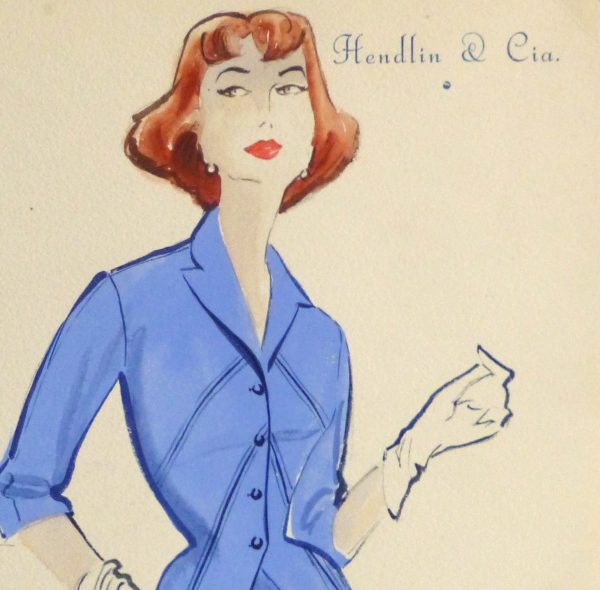 Gouache & Ink Fashion Sketch - Blue Dress Suit, Circa 1955-detail 2-10473M