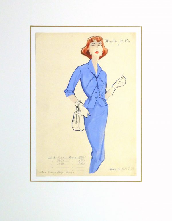 Gouache & Ink Fashion Sketch - Blue Dress Suit, Circa 1955-matted-10473M