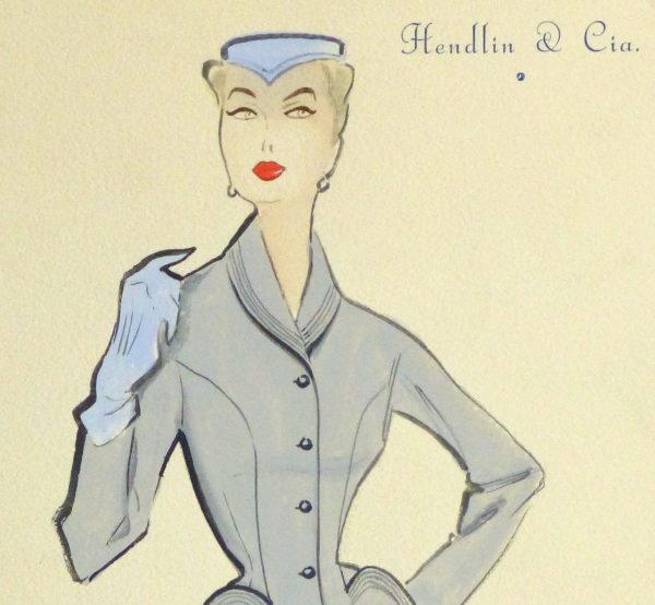 Gouache & Ink Fashion Sketch - Grey Dress Suit, Circa 1955-detail 2-10474M