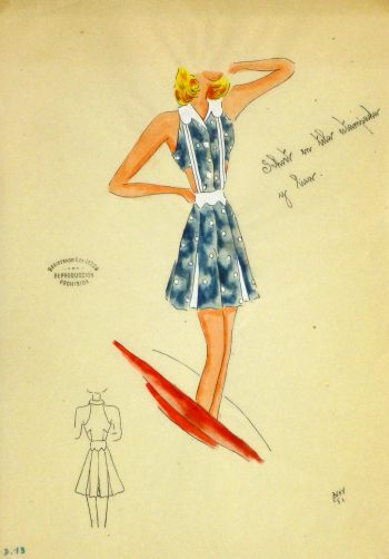 Gouache & Ink Fashion Sketch - Blue Sun Dress, Circa 1950-main-10504M