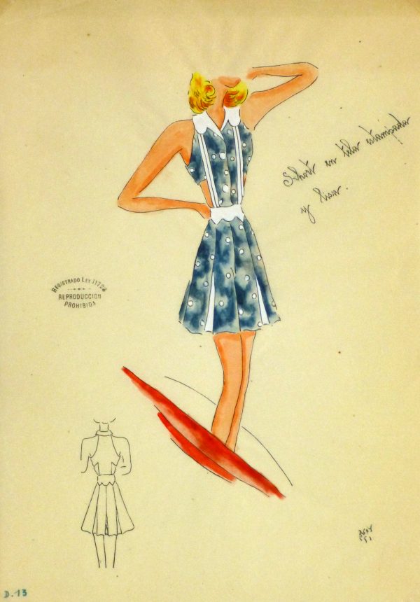 Gouache & Ink Fashion Sketch - Blue Sun Dress, Circa 1950-main-10504M