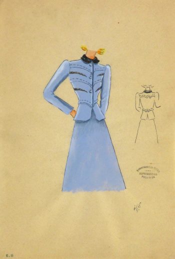 Gouache & Ink Fashion Sketch - Periwinkle Dress Suit, Circa 1950-main-10507M