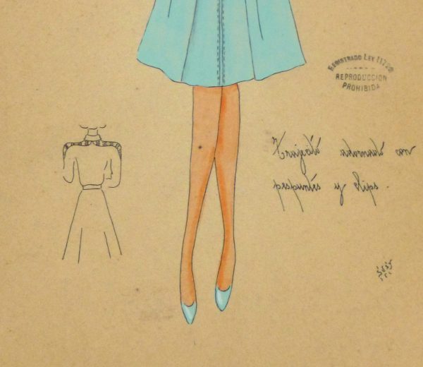 Gouache & Ink Fashion Sketch - Long Sleeve Aqua Dress, Circa 1950-detail-10512M