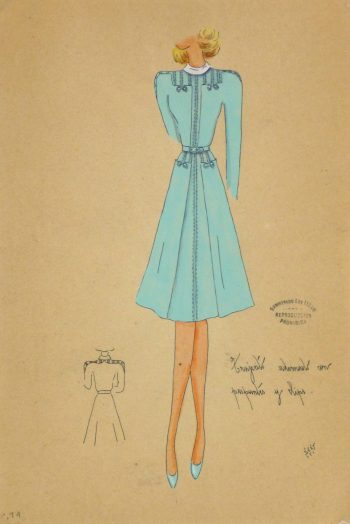 Gouache & Ink Fashion Sketch - Long Sleeve Aqua Dress, Circa 1950-main-10512M