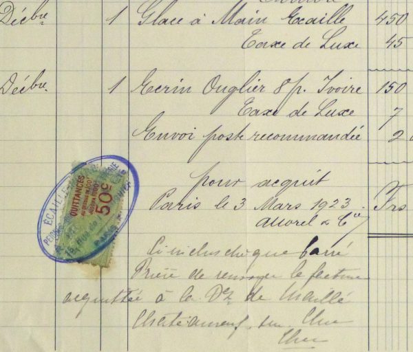 Duchess of Maillé Fine Linens Receipt, 1928-detail-10557M