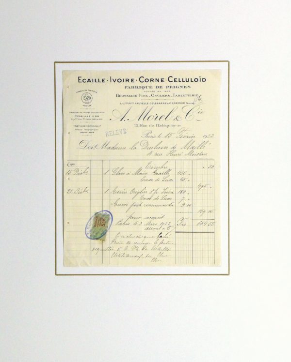 Duchess of Maillé Fine Linens Receipt, 1928-matted10557M