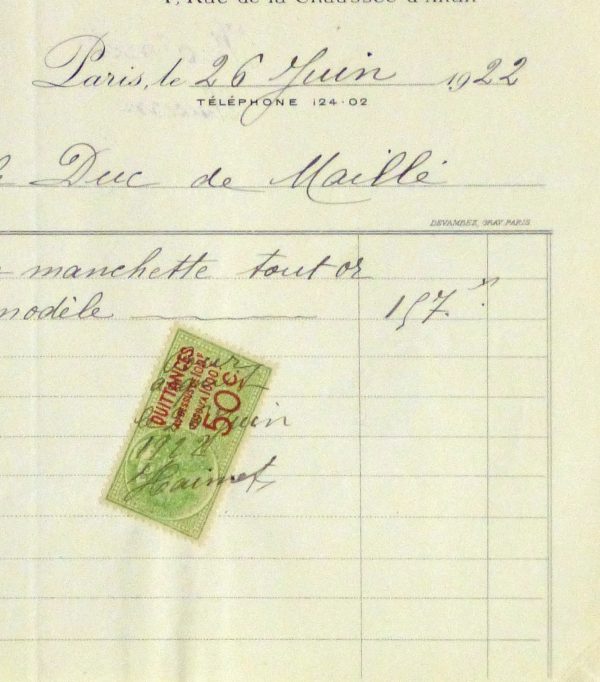 Duchess of Maillé Jewelry Receipt, 1922-detail 2-10567M