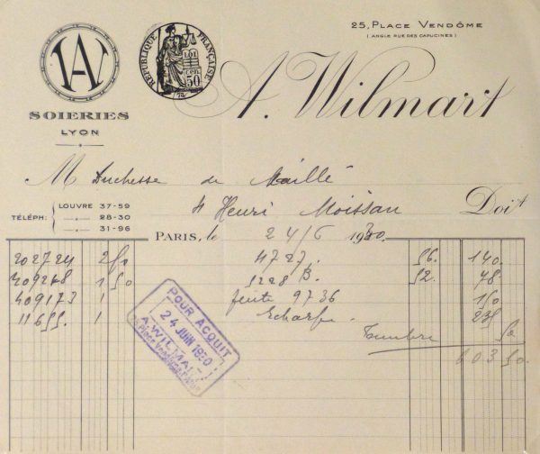 Duchess of Maillé Silks Receipt, 1930-main-10570M