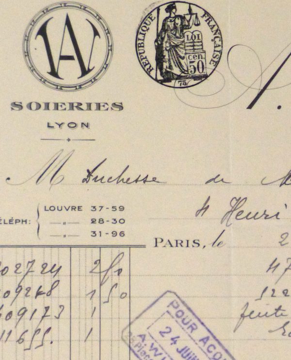 Duchess of Maillé Silks Receipt, 1930-detail 2-10570M