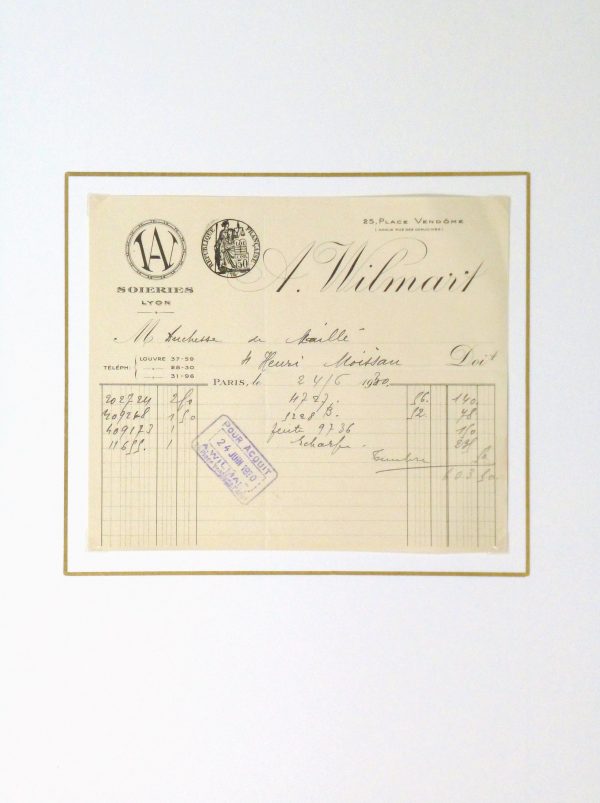 Duchess of Maillé Silks Receipt, 1930-matted-10570M