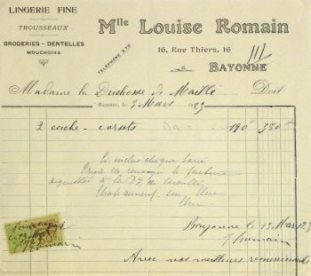 Duchess of Maillé Lingerie Receipt, 1923-main-10572M